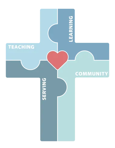 Cross made up of puzzle pieces that represent the core components of our vision